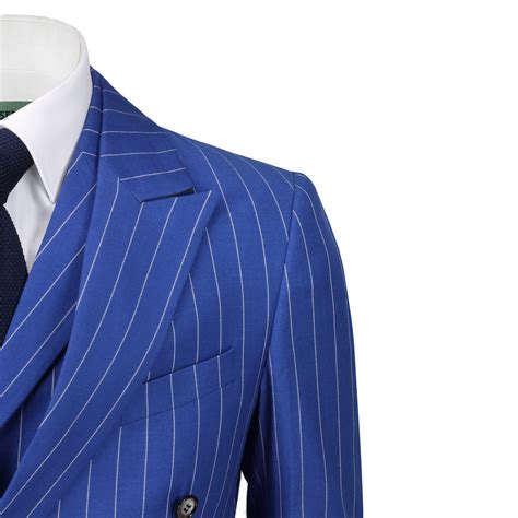 Mens 3 Piece Double Breasted Wide Chalk Stripe Suit Royal Blue Classic