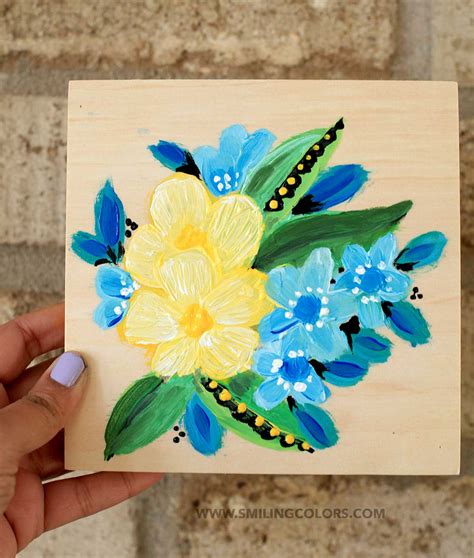 Painting Acrylic Flowers On A Wood Canvas Smiling Colors