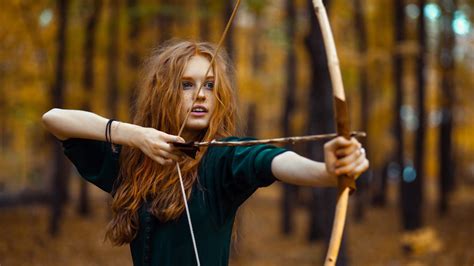 Wallpaper Sports Women Redhead Long Hair Wavy Hair Archery Bow And Arrow 1920x1080 Px