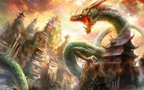 Fantasy Art Dragon Chinese Architecture Wallpapers Hd