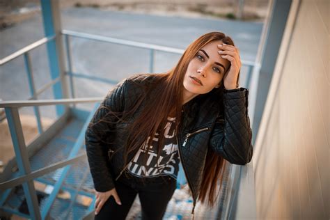 Wallpaper Portrait Leather Jackets Women Outdoors Depth Of Field Black Clothing Stairs