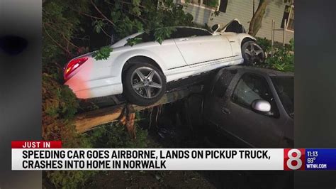 Speeding Car Goes Airborne Lands On Pickup Truck Crashes Into Hom