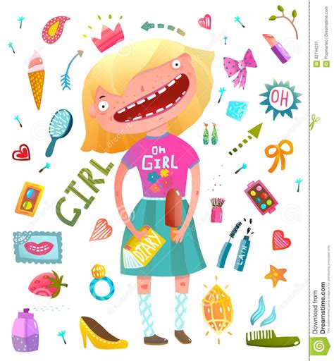 girlish clip art collection with teenager girl and cosmetics stock vector illustration of