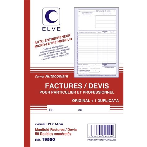 En conséquence, aucune tva ne doit figurer sur les factures remises aux clients. Facturier/Devis Micro-entrepreneur Carnet autocopiant ...