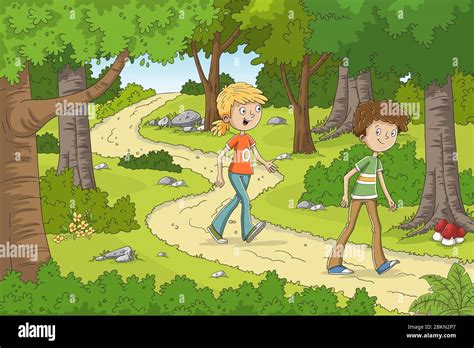 Two Children Are Walking Through The Forest Hand Drawn Vector