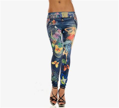 Elastic Butterfly Print Denim Leggings Womens Jeans Skinny