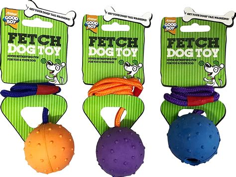 3 Pack Goodboy Fetch Dog Toy Bouncy Pimpled Rubber Ball On Rope Throw