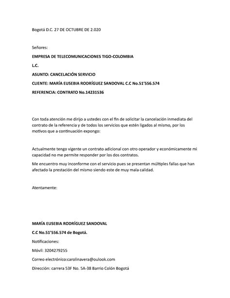 489976537 Carta Cancelacion Servicios Tigo Docx Bogotá D 27 De