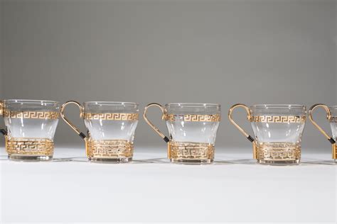 Glass Coffee Mugs 6 X 6oz Vintage Gold And Clear Glass Hollywood Regency Mugs With Handle And