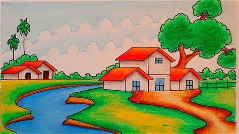 Village Beautiful House Scenery Drawing How To Draw Scenery Of A