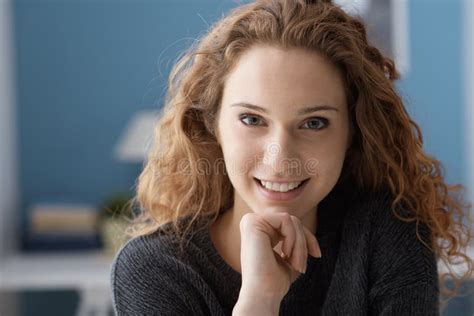 Beautiful Curly Young Woman Posing At Home Stock Photo Image Of