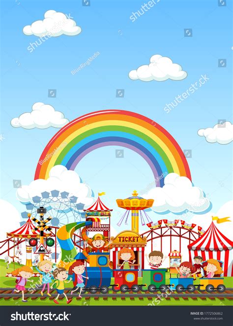 Amusement Park Scene Daytime Rainbow Sky Stock Vector Royalty Free
