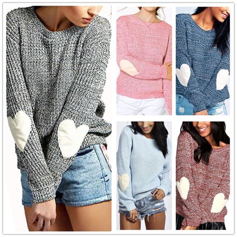 Women Love Elbow Patch Knitted Sweater Solid Color Long Sleeve Pullover