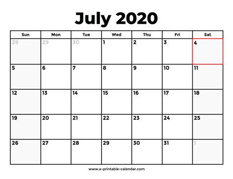 July 2020 Calendar With Holidays A Printable Calendar