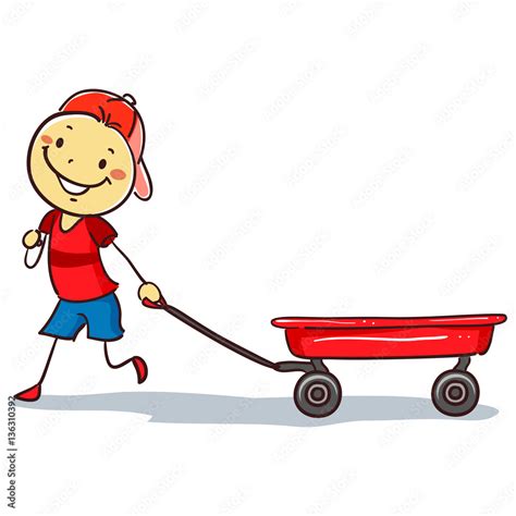 Vector Illustration Of Stickman Boy Pulling A Red Wagon Stock Vector
