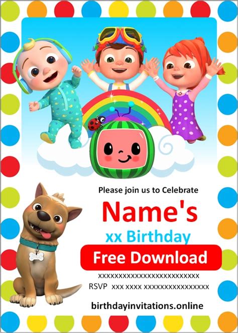 Rainbow Baby Cocomelon Birthday Invitation Templates Free Printable