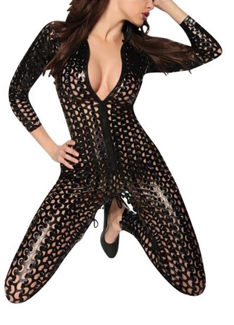 Sexy Deep V Wet Look Stretch Jumpsuit Front Zipper Sexy Catsuit