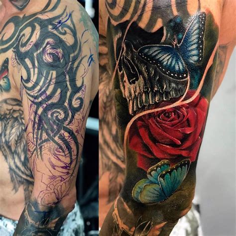 Sure every rose had its thorn, but what it really needs is a hummingbird. Rose and skull cover up on tribal tattoo