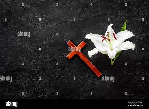 Lily Funeral Flower With Cross Condolence Card With Copy Space Stock