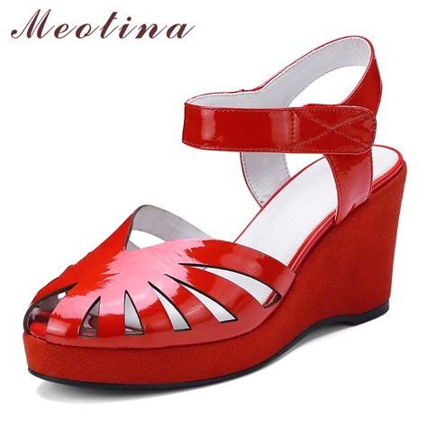 Meotina Summer Shoes Women Sandals Natural Genuine Leather Wedges High Heel Wedding Shoes Patent