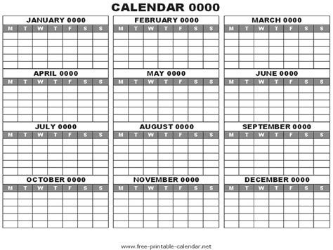 Yearly Calendar Printable Free Template