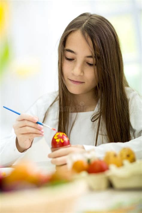 Happy Little Girl Painting Easter Eggs Stock Image Image Of