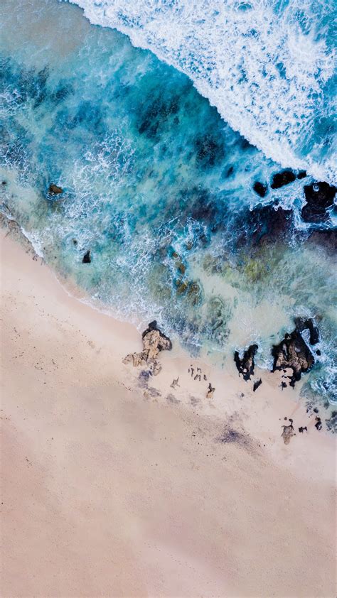 Download Wallpaper 2160x3840 Beach Sea Aerial View Waves Shore