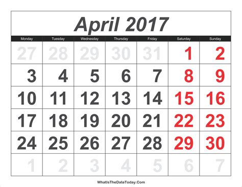 2017 Calendar April With Large Numbers Whatisthedatetodaycom