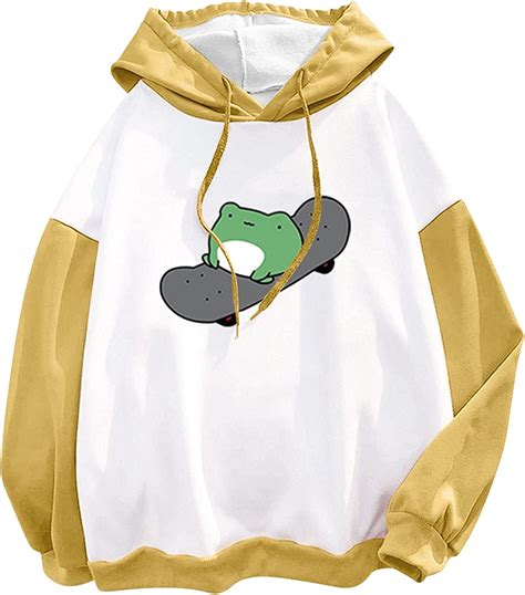 Cute Frog Print Hoodie For Teen Girls Patchwork Hooded Plus Velvet Sweatshirtyellowmfrog