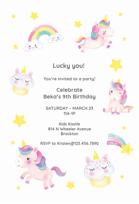 Unicorn Joy Birthday Invitation Template Free