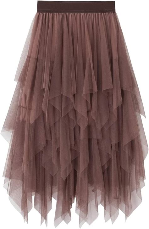 Carolilly Irregular Tulle Skirt Women Long Skirt High Waist Elastic