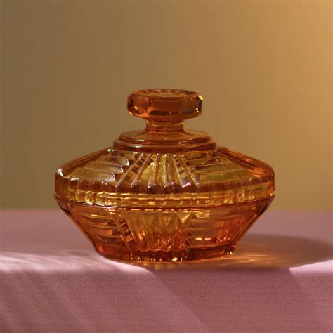 vintage glass mid century art deco trinket pot amber by allumee home