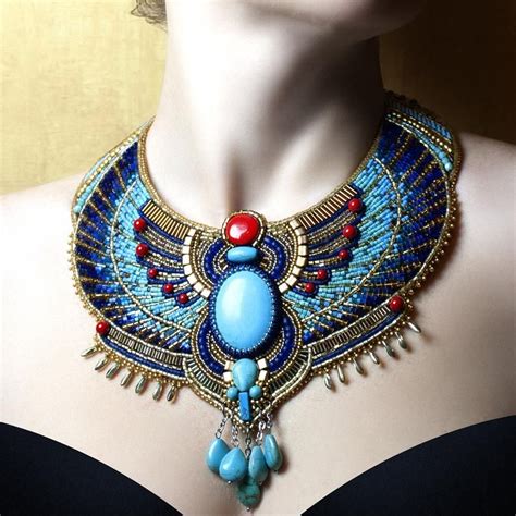 Beaded Bib Necklace Egyptian Scarab Jewelry Set Blue Gold Etsy In