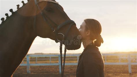 Horse Owner Standing With Her Dark Bay Horse Expressing Her Love