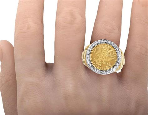 Mens 24k Yellow Gold Genuine Diamond 110 Oz Lady Liberty Coin Ring 3