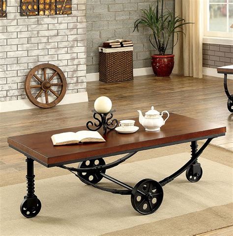 Kendra Industrial Wood Coffee Table With Black Metal Suspension Style Base