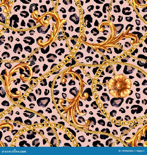 Golden Baroque Chain Glamour Leopard Seamless Pattern Watercolor Hand