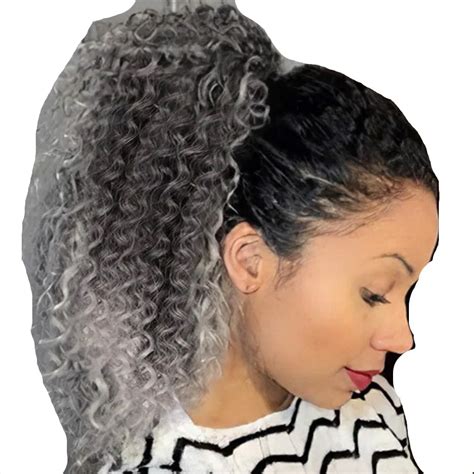 Gray Drawstring Ponytail Extensions Ombre Black Grey Ponytails For