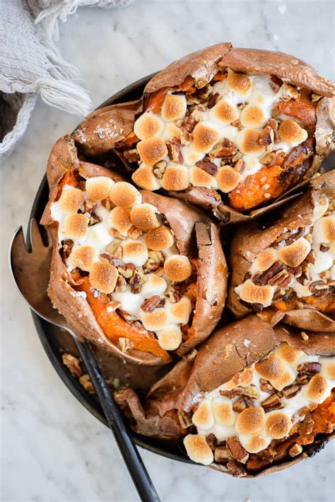 Baked Sweet Potatoes With Marshmallow Pecan Topping Fed And Fit