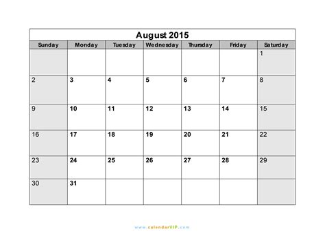 August 2015 Calendar Blank Printable Calendar Template In Pdf Word Excel
