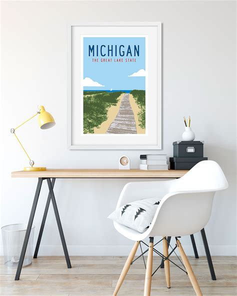 Michigan Poster Art Vintage Michigan Travel Poster Lake Etsy