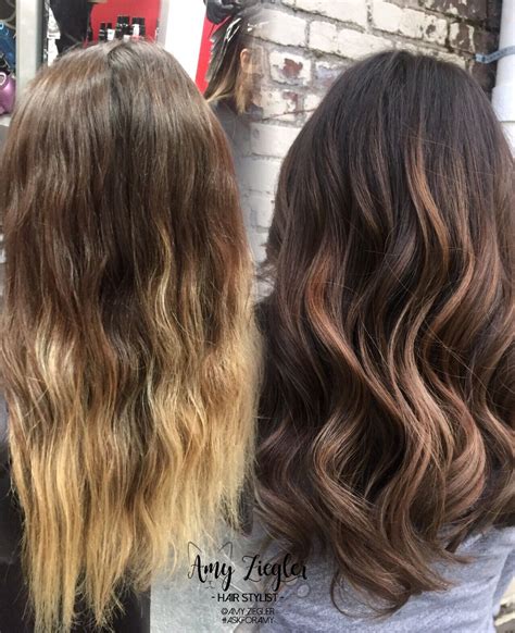 Before And After Blonde Ombre To Brunette Caramel Balayage By Askforamy