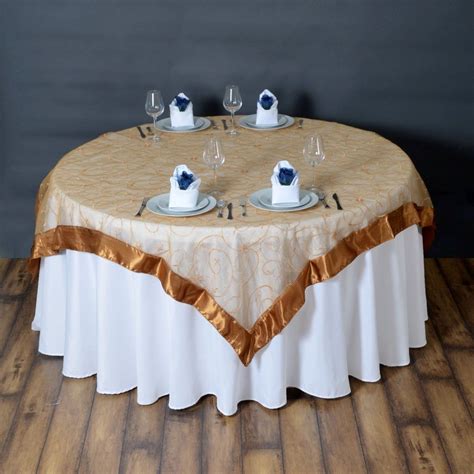 72 X 72 Gold Satin Edge Embroidered Sheer Organza Square Table