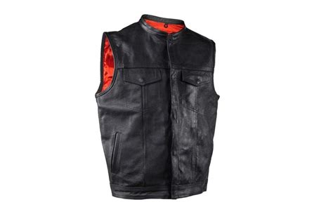Concealed Carry Leather Outlaw Mc Biker Vest With Red Liner And Gun