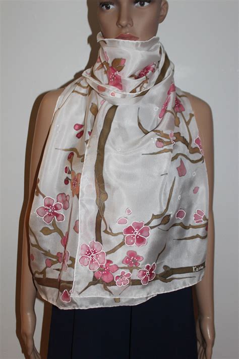 Hand Painted Silk Scarf Cherry Blossom Long Scarf T For Etsy