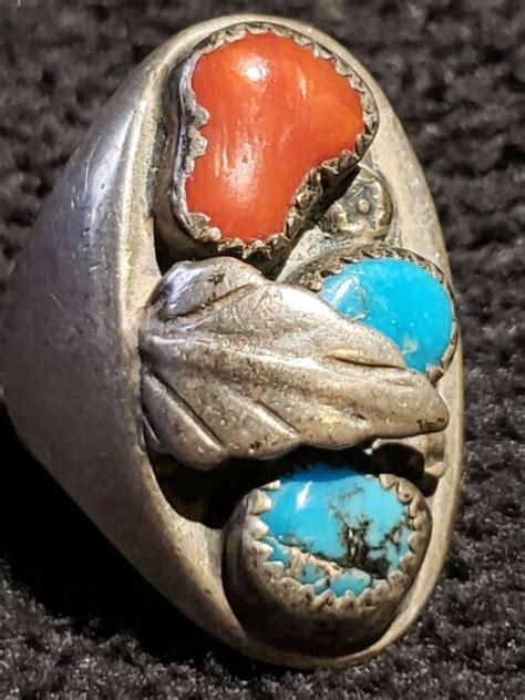 Native American Sterling Silver Turquoise Coral Leaf Ring Size Ebay