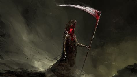 Sickle Digital Art Drawing Grim Reaper Red Eyes
