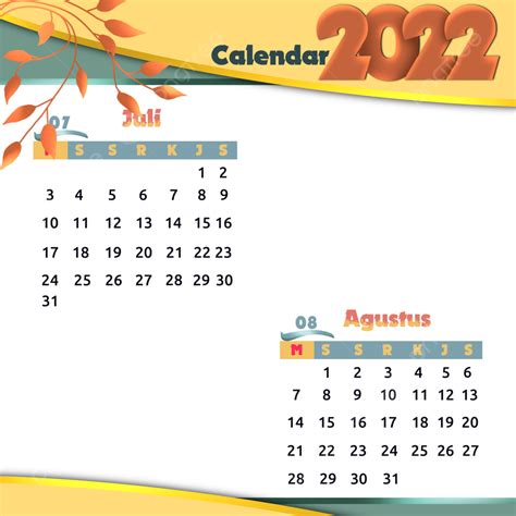 Gambar Kalender Bulan Juli Dan Agustus Tahun 2022 Warna Kuning Juli