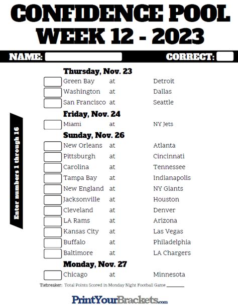 Nfl Week 12 Confidence Pool Sheet 2023 Printable