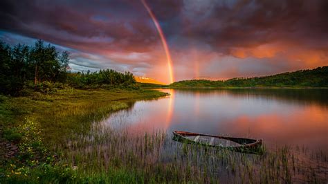 Sunset Rainbow After Rain Lake Boat Forest Trees Sky With
